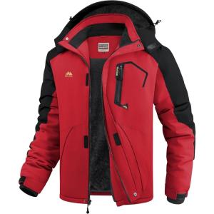 imageWULFUL Mens Ski Jackets Warm Winter Snow Windbreaker Resistant Snowboard Fleece Coat Mountain Waterproof Parka with HoodBlackred