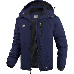 imageWULFUL Mens Ski Jackets Warm Winter Snow Windbreaker Resistant Snowboard Fleece Coat Mountain Waterproof Parka with HoodNavy