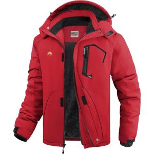 imageWULFUL Mens Ski Jackets Warm Winter Snow Windbreaker Resistant Snowboard Fleece Coat Mountain Waterproof Parka with HoodRed