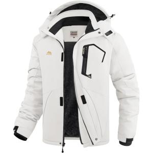 imageWULFUL Mens Ski Jackets Warm Winter Snow Windbreaker Resistant Snowboard Fleece Coat Mountain Waterproof Parka with HoodWhite