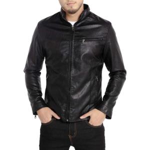 imageWULFUL Mens Stand Collar Leather Jacket Motorcycle Lightweight Faux Leather OutwearBlack