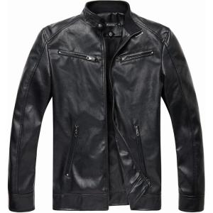 imageWULFUL Mens Stand Collar Leather Jacket Motorcycle Lightweight Faux Leather OutwearBlack0072