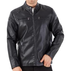 imageWULFUL Mens Stand Collar Leather Jacket Motorcycle Lightweight Faux Leather OutwearBlack0073