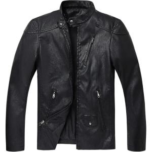 imageWULFUL Mens Stand Collar Leather Jacket Motorcycle Lightweight Faux Leather OutwearBlack0074