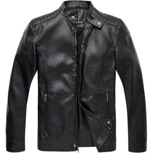imageWULFUL Mens Stand Collar Leather Jacket Motorcycle Lightweight Faux Leather OutwearBlack0075
