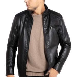imageWULFUL Mens Stand Collar Leather Jacket Motorcycle Lightweight Faux Leather OutwearBlack1301