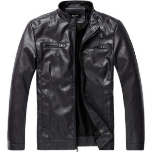 imageWULFUL Mens Stand Collar Leather Jacket Motorcycle Lightweight Faux Leather OutwearBlack1303