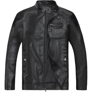 imageWULFUL Mens Stand Collar Leather Jacket Motorcycle Lightweight Faux Leather OutwearBlack1304