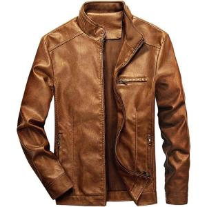 imageWULFUL Mens Stand Collar Leather Jacket Motorcycle Lightweight Faux Leather OutwearBrown