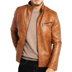 imageWULFUL Mens Stand Collar Leather Jacket Motorcycle Lightweight Faux Leather OutwearBrown1301