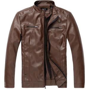 imageWULFUL Mens Stand Collar Leather Jacket Motorcycle Lightweight Faux Leather OutwearBrown1303