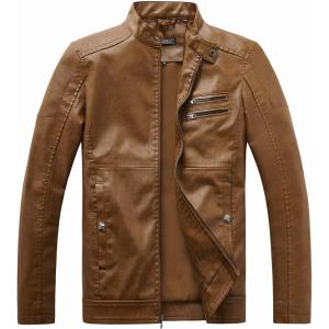 imageWULFUL Mens Stand Collar Leather Jacket Motorcycle Lightweight Faux Leather OutwearBrown1304