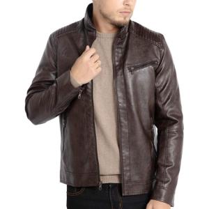 imageWULFUL Mens Stand Collar Leather Jacket Motorcycle Lightweight Faux Leather OutwearCoffee1301