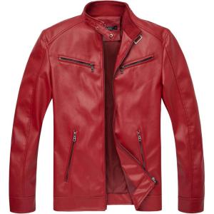 imageWULFUL Mens Stand Collar Leather Jacket Motorcycle Lightweight Faux Leather OutwearRed031
