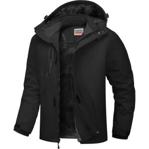 imageWULFUL Mens Waterproof Ski Jacket Warm Winter Coats Windproof Winter Jackets for Men Fleece Lined Windbreaker with HoodBlack