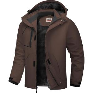 imageWULFUL Mens Waterproof Ski Jacket Warm Winter Coats Windproof Winter Jackets for Men Fleece Lined Windbreaker with HoodCoffee