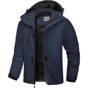 imageWULFUL Mens Waterproof Ski Jacket Warm Winter Coats Windproof Winter Jackets for Men Fleece Lined Windbreaker with HoodNavy Blue