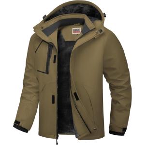 imageWULFUL Mens Waterproof Ski Jacket Warm Winter Coats Windproof Winter Jackets for Men Fleece Lined Windbreaker with HoodOlive Brown