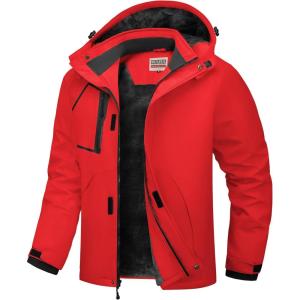 imageWULFUL Mens Waterproof Ski Jacket Warm Winter Coats Windproof Winter Jackets for Men Fleece Lined Windbreaker with HoodRed