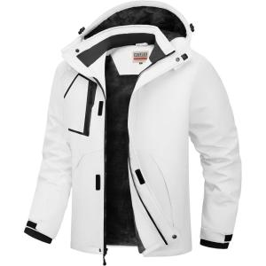 imageWULFUL Mens Waterproof Ski Jacket Warm Winter Coats Windproof Winter Jackets for Men Fleece Lined Windbreaker with HoodWhite