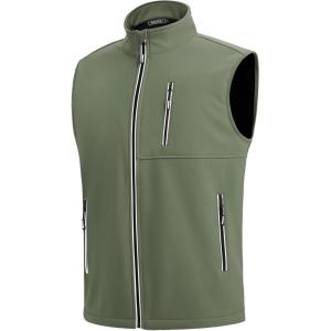 imageWULFUL Mens Windproof Lightweight Golf Vest Outerwear with Pockets Softshell Sleeveless Jacket for Travel Hiking RunningArmy Green