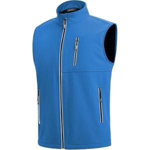 imageWULFUL Mens Windproof Lightweight Golf Vest Outerwear with Pockets Softshell Sleeveless Jacket for Travel Hiking RunningBright Blue