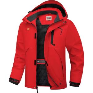 imageWULFUL Mens Winter Coats Waterproof Ski Jacket Warm Windproof Winter Windbreaker Jackets for Men with HoodRed0047