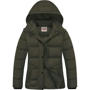 imageWULFUL Womens Winter Coats Lightweight Warm Thicken Puffer Jacket Waterproof Quilted Winter Jackets with Removable HoodArmy Green