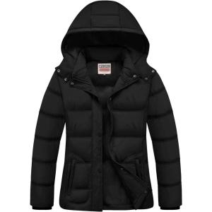 imageWULFUL Womens Winter Coats Lightweight Warm Thicken Puffer Jacket Waterproof Quilted Winter Jackets with Removable HoodBlack
