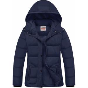 imageWULFUL Womens Winter Coats Lightweight Warm Thicken Puffer Jacket Waterproof Quilted Winter Jackets with Removable HoodNavy