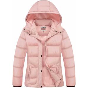 imageWULFUL Womens Winter Coats Lightweight Warm Thicken Puffer Jacket Waterproof Quilted Winter Jackets with Removable HoodPink