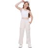 imageWULFUL Girls Cargo Sweatpants Wide Leg Fleece Lined Casual Pants for Girl Fall Winter Baggy High Waisted Pants with PocketsCream