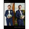imageWULFUL Mens 2 Piece Slim Fit Suit Set One Button Blazer Jacket Pants Tuxedo Set for Prom Wedding and BusinessNavy