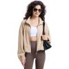imageWULFUL Womens Full Zip Cropped Sweatshirt Long Sleeve Stand Collar Casual Jacket ShortKhaki