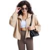 imageWULFUL Womens Full Zip Cropped Sweatshirt Long Sleeve Stand Collar Casual Jacket ShortKhaki