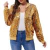 imageWULFUL Womens Sequin Jackets Sparkly Glitter Long Sleeve Front Zip Bomber Blazers Party CostumeGoldsliver