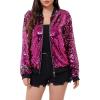 imageWULFUL Womens Sequin Jackets Sparkly Glitter Long Sleeve Front Zip Bomber Blazers Party CostumeRose Red