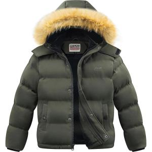 imageWULFUL Boys Girls Winter Coats Waterproof Fleece Lined Puffer Jackets Kids Thicken Outerwear With Detachable HoodArmy Green