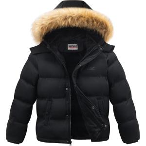 imageWULFUL Boys Girls Winter Coats Waterproof Fleece Lined Puffer Jackets Kids Thicken Outerwear With Detachable HoodBlack