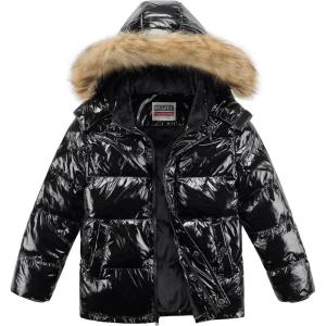 imageWULFUL Boys Girls Winter Coats Waterproof Fleece Lined Puffer Jackets Kids Thicken Outerwear With Detachable HoodBright Black