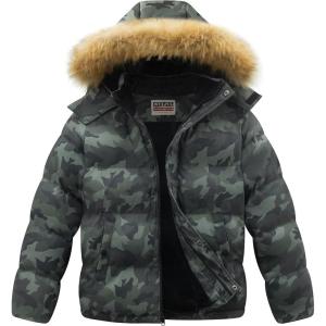 imageWULFUL Boys Girls Winter Coats Waterproof Fleece Lined Puffer Jackets Kids Thicken Outerwear With Detachable HoodCamouflage
