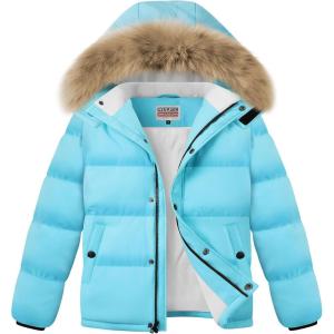 imageWULFUL Boys Girls Winter Coats Waterproof Fleece Lined Puffer Jackets Kids Thicken Outerwear With Detachable HoodLake Blue