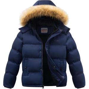 imageWULFUL Boys Girls Winter Coats Waterproof Fleece Lined Puffer Jackets Kids Thicken Outerwear With Detachable HoodNavy