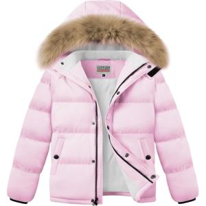 imageWULFUL Boys Girls Winter Coats Waterproof Fleece Lined Puffer Jackets Kids Thicken Outerwear With Detachable HoodPink