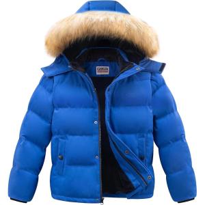 imageWULFUL Boys Girls Winter Coats Waterproof Fleece Lined Puffer Jackets Kids Thicken Outerwear With Detachable HoodRoyal Blue