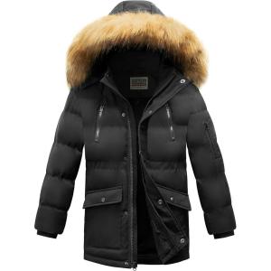 imageWULFUL Boys Winter Coat Waterproof Fleece Lined Parka Jackets Kids Hooded Puffer OuterwearBlack
