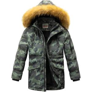 imageWULFUL Boys Winter Coat Waterproof Fleece Lined Parka Jackets Kids Hooded Puffer OuterwearCamouflage