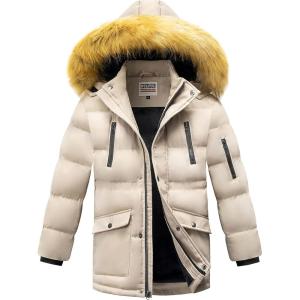 imageWULFUL Boys Winter Coat Waterproof Fleece Lined Parka Jackets Kids Hooded Puffer OuterwearKhaki