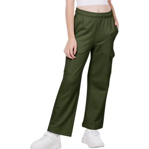 imageWULFUL Girls Cargo Sweatpants Wide Leg Fleece Lined Casual Pants for Girl Fall Winter Baggy High Waisted Pants with PocketsArmy Green
