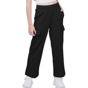 imageWULFUL Girls Cargo Sweatpants Wide Leg Fleece Lined Casual Pants for Girl Fall Winter Baggy High Waisted Pants with PocketsBlack